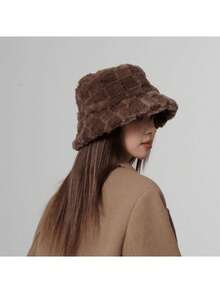 1pc Checkerboard Fleece Warm Bucket Hat, Fashionable & Versatile, Suitable For Autumn/Winter - Brown - View 3