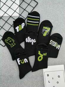 1/5/10 Pairs Random Men's Street Letter & Stripe Pattern Socks, Black & White Mid-Calf Socks, Long Socks For Couples - Black - View 5