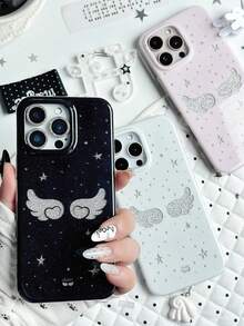 可爱天使翅膀波点软壳手机壳，兼容 17 Pro Max、17 Pro、17、16 Pro Max、16 Pro、16、15 Pro Max、15 Pro、15、14 Pro Max、14、13、12 Pro Max、11，白色简约 Y2K 女孩风格 - 黑色翅膀星星 - 查看 8