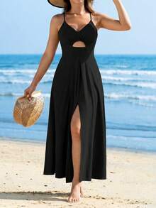 Women Summer Spaghetti Strap Dress Sleeveless V Neck Cutout High Split Smocked Backless Sundress Solid Color Casual Spring Holiday Vacation Beach Dating Wedding Guest Party Maxi Dresses With Pockets - 黑色 - 查看 4