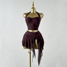 Sedessea Ensemble de maillot de bain bikini 3 pièces pour femmes 2026 Printemps/Été, top court marron unicolore, camisole ajustée, short, rendez-vous, festival de musique, plage élégante - Marron - Voir 4