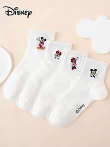4 Pairs Of Embroidered Disney Sock Series Patterned Fun Cartoon Ladies' Mid-Calf Socks, Sports Socks, Four-Season Style - White - View 2