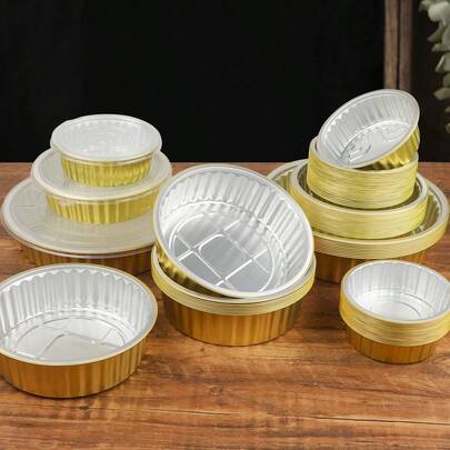 Bộ 10/20 hộp đựng thức ăn mang đi bằng giấy bạc nhôm tròn màu vàng có nắp đậy, khay nướng bằng giấy bạc nhôm, hộp đựng thực phẩm, thích hợp để nướng, hâm nóng, bảo quản, chuẩn bị thức ăn cho ngoài trời.