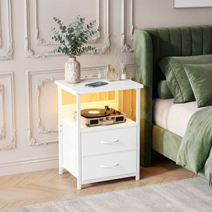 Tomnk White Nightstand With Charging Station, 2-5 Drawers Beside Table With U-S-B Ports And Outlets, Fabric Storage Drawers With PU Finish, Small Dresser For Bedroom, Bedroom Furniture - US B Type Plug(110-127V) - View 1