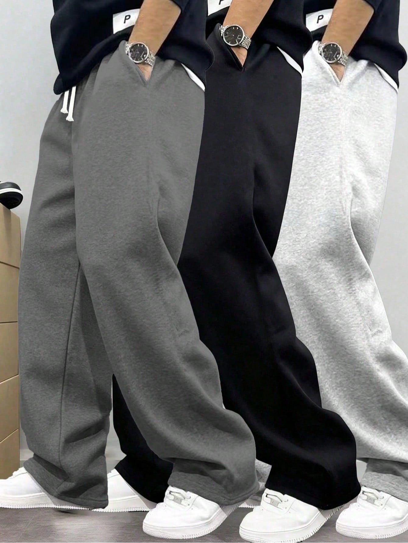 1 قطعة بنطلون رجالي فضفاض كاجوال أحادي اللون واسع...