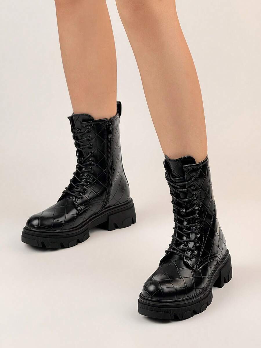 British Style Platform Lace-Up Slim Ankle Boots - BLACK BV - View 1