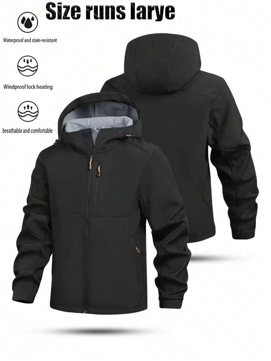 Men's Outdoor Thermal Lined Thick Jacket, Casual Fashion Minimalist Coat, Autumn/Winter,Fleece - Black - View 1