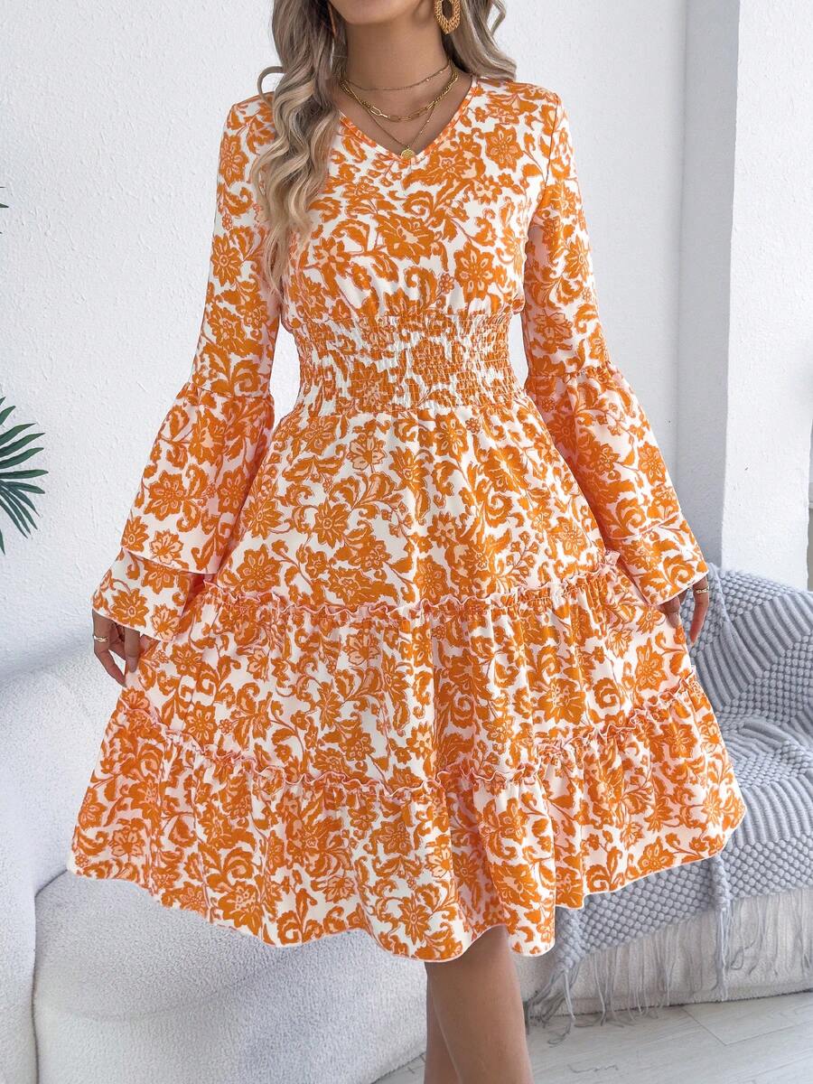 Spring/Autumn Shirred Frill Trim Bohemian Print Drawstring Waist Long Sleeve Beach Vacation Ruffle Hem Dress - Orange - View 1