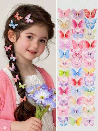 10 ชิ้น/ชุด เด็กผู้หญิงไล่ระดับสี พลอยเทียม & Pearl Decor คลิปหนีบผมผีเสื้อสองชั้นน่ารักและมีสไตล์
