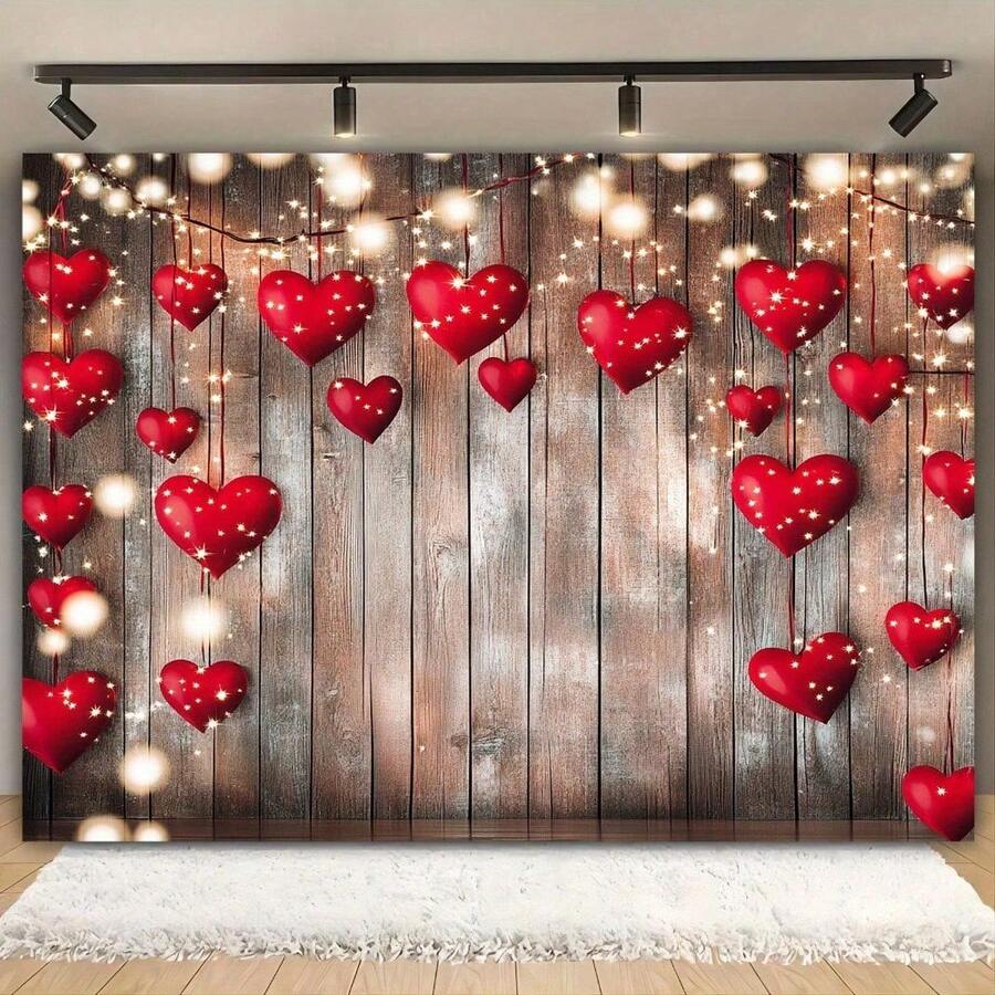 1pc Polyester Fiber Valentine's Day Backdrop - Vintage Wood Grain, With Twinkling Lights And Red Hearts, No Power Needed, Suitable For Weddings, Bridal Showers, Birthdays, 1st Birthday, Romantic Party Banners And Photo Booth Decor, Also Applicable For Back To School And Valentine's Day Events - Multicolor - View 1