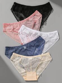VKME Set de 5 tangas de encaje y malla sexy para mujer - Multicolor - Ver 13