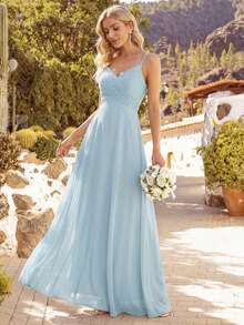 性感吊带V领露背晚礼服，休闲时尚，适合日常穿着，浅蓝色伴娘礼服，婚礼宾客礼服 - 淺藍色 - 查看 8