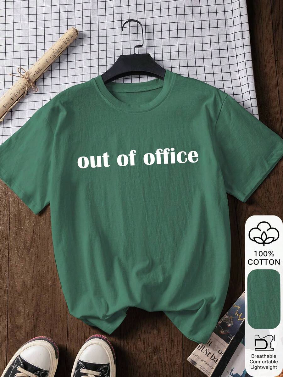 Out Of Office Letter Print, Patterned Print Summer Women's 100% Cotton Short-Sleeve T-Shirt, Valentine's Day Gift,Casual Wear - Green - View 1