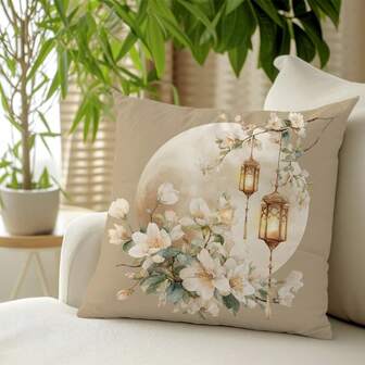 1 pieza Funda de cojín con patrón vintage de luna marrón, flores y farol, tela de terciopelo suave de melocotón por un solo lado, 45*45CM, adecuada para el hogar, habitación, sala de estar, decoración de sofá, decoración de fiesta, regalo festivo, sin relleno de cojín