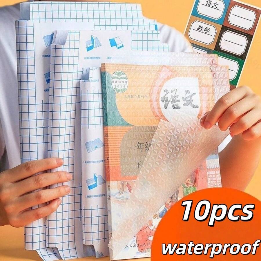 10pcs Pre-Cut Self-Adhesive Book Cover Film, Transparent Matte Waterproof Book Cover, Dust-Proof Book Jacket, Back To School Supplies, Random Pattern, Suitable For School Items, Back To School Season - Clear - View 1