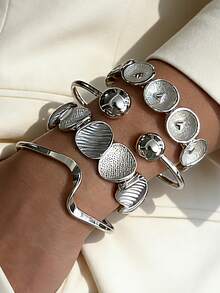 4pcs Vintage Exaggerated Luxurious Geometric Wide Face Design Women Metal Bangle Set, Suitable For Daily Wear And Gift - Silver 8 - View 4