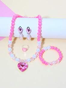5 pièces/set Bracelet, Collier, Boucles d'oreilles, Bague et Pendentif avec perles et pierres en forme de cœur. Ensemble de bijoux mignon pour filles, convient pour les fêtes, l'école et les anniversaires - Multicolore - Voir 1