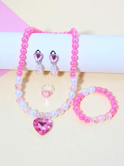 5件套女孩可爱爱心宝石吊坠珍珠串珠手链项链戒指耳环首饰套装，适合节日派对学校生日礼物