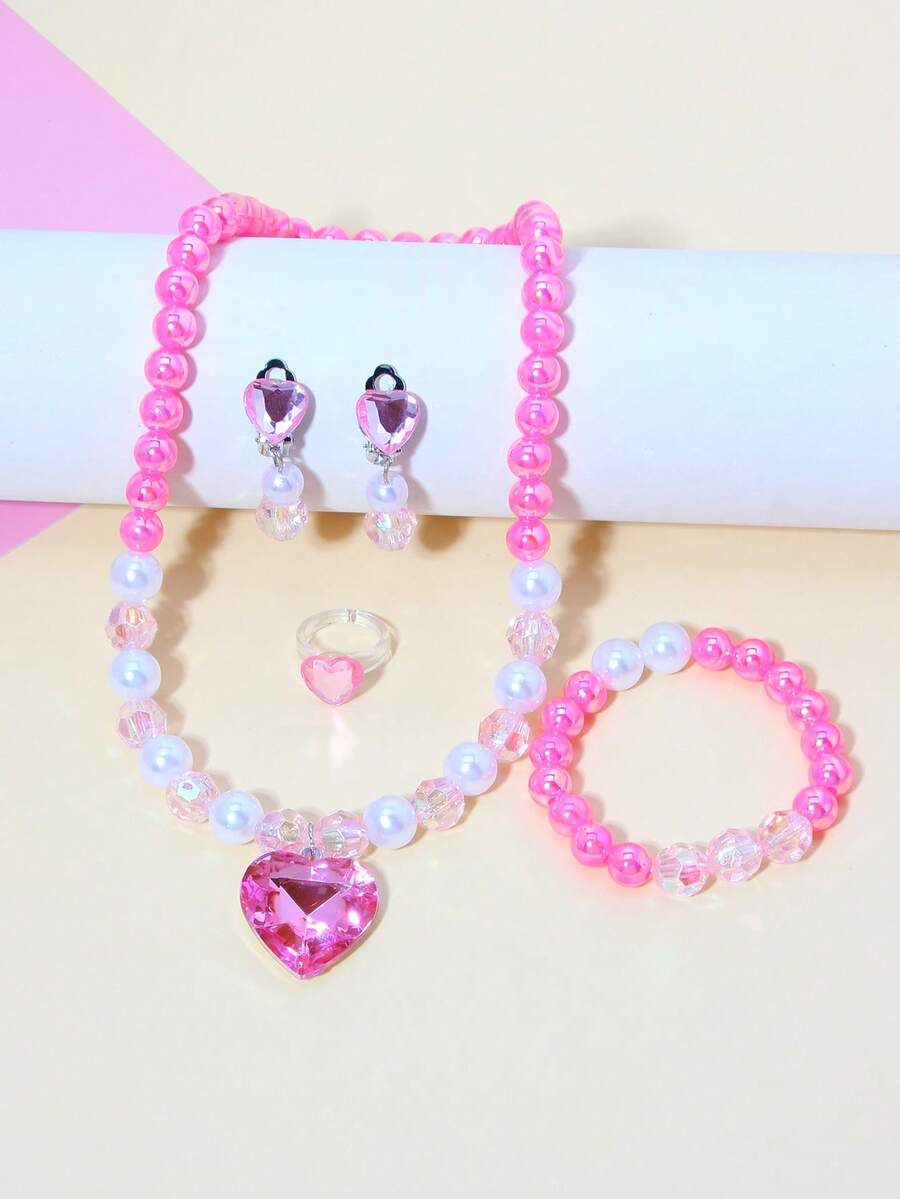 5 pièces/set Bracelet, Collier, Boucles d'oreilles, Bague et Pendentif avec perles et pierres en forme de cœur. Ensemble de bijoux mignon pour filles, convient pour les fêtes, l'école et les anniversaires - Multicolore - Voir 1