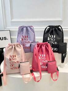 1pc Large Capacity Neutral Backpack, Including Shoulder Bag And Beauty Bag, Minimalist College Style, Canvas Material, Beige Shopping Bag, White Stationery Bag, Foldable Portable Durable Printed Handbag, Mommy Bag, Fitness Bag, Large Capacity, Suitable For Commuting, School And University, Suitable For Teachers, Classmates, Wives And Family. Suitable For Autumn And Winter Outfits, Valentine's Day Gift - Multicolor - View 1