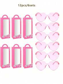 12个/6套粉色派对礼盒，无框心形时尚眼镜（6副心形时尚眼镜+6个粉色礼盒），亮粉色糖果袋礼盒，附赠可爱卡通贴纸，适合女性、单身派对、泳池派对装饰 - 粉色 - 查看 11