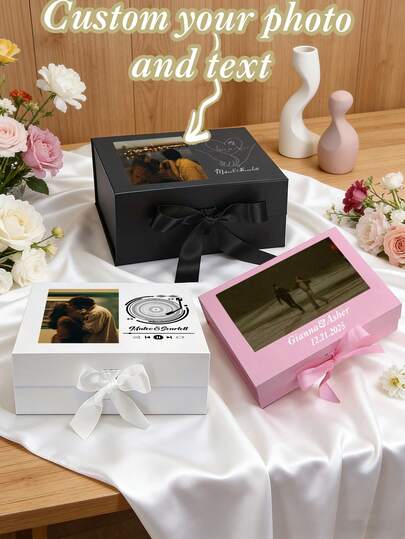 1pc Personalized Gift Box, Customizable With Text And Images, Magnetic Closure Gift Box, Customizable Gift Box Suitable For Weddings And Special Occasions, Custom Design, Perfect For Elegant Celebrations. Ideal For Weddings, Birthdays, Baptisms, And Other Events.