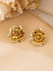 一对奢华优雅逼真3D金色玫瑰耳钉，浪漫情人节礼物（女士款） - 金黃色 - 查看 3