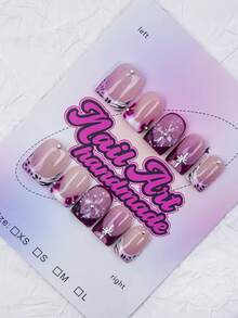 10片/套 手工方形美甲贴片，法式贴片，蝴蝶结和水钻装饰，Y2K 酷炫风格，裸色和白色，适合派对、婚礼、日常佩戴，包含美甲工具，是送给女性和女孩的绝佳礼物，美甲用品 - 紫色 - 查看 3