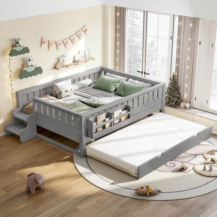 FUNIDEE Full Size Platform Bed With Trundle, Platform Bed Frame With Built-In Bookshelves And Rounded Small Staircase, Bed Frame With Guardrails For Kids - 灰色 - 查看 1