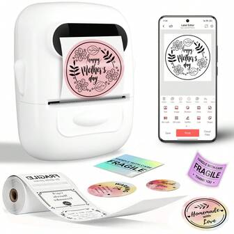 Impresora de etiquetas térmicas Marklife P50 blanca, impresora inalámbrica portátil sin tinta para códigos de barras, códigos QR, joyería, etiquetas de ropa minorista, etiquetado, hogar, oficina, compatible con Android, iOS, con 1 rollo de pegatinas