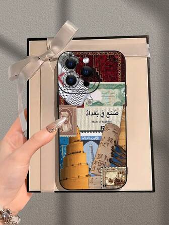 1 Stück Vintage Patchwork bedruckter 2D Muster kreativer hochwertiger minimalistischer Cartoon witziger Flaggen Statue Design, geeignet als Geschenk für Ältere, Freunde, Familie, Paare, Geburtstag, Feste, schwarze matte weiche Schutzhülle kompatibel mit iPhone 16/15/14/13/12/11/Pro/ProMax/X/XR/XS/XSMAX/7/8/PLUS und anderen Modellen