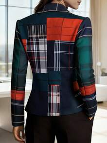 HOMEYEE Áo blazer dài tay in họa tiết kẻ caro, phong cách retro thanh lịch, thường ngày, công sở, đi làm, mùa xuân. - Màu xanh lá cây đậm - Xem 2