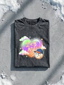 I Love NY Airbrush Heart Graphic Tee Acid Washed Shirt Unisex Couple Matching Boyfriend Style Cartoon Baseball Character Cute Graffiti Art Y2K Aesthetic Distressed Cotton Graphic Tees Men Oversized T Shirt Summer Clothes Men Winter Clothes Camisetas Para Hombre - Black - View 2