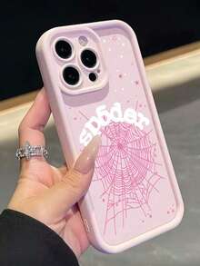1pc New Creative Letter & Spider Web Pattern Phone Case Suitable For Apple 16 Pro Max, 11/12/13/14 Plus, XR/7/8 Plus/15 PM - Light Pink - View 3