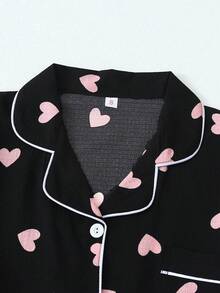 2 件春夏黑色基础心形印花时尚套装、翻领纽扣衬衫和蝴蝶结短裤、睡衣家居服、两件套