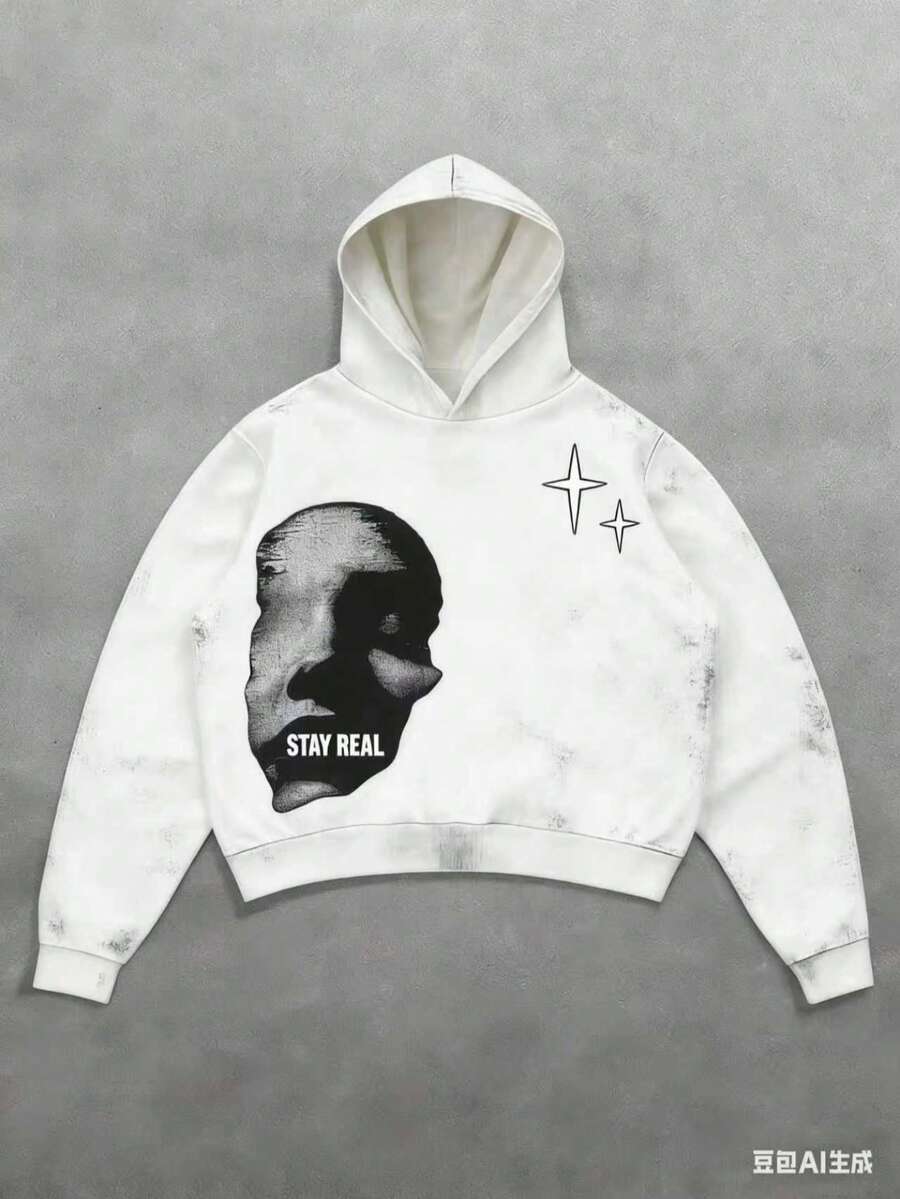 Manfinity Streetrush Men's Face & Letter Print , Casual Minimalist Graphic Streetwear Pullover Sweatshirt2025 - White - View 1