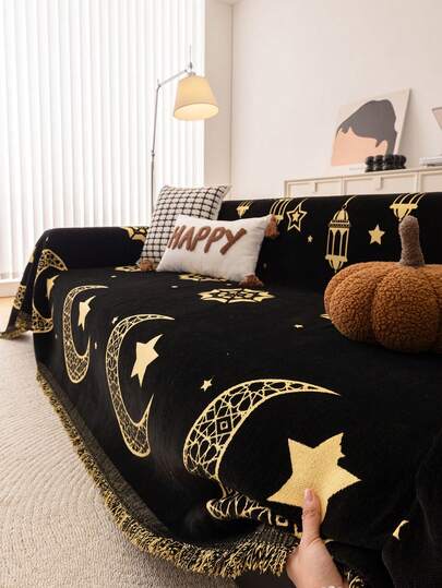 بطانية كنبة بطراز بوهيمي قطعة واحدة، بطانية كنبة بنمط النجوم والقمر لديكور رمضان، واقي كنبة مقاوم للحيوانات الأليفة، قابل للغسل في الغسالة، ديكور منزلي مناسب للكنب الزاوي، كنبة مزدوجة، كنبة (تباع بشكل منفصل)، ديكور عطلة رمضان