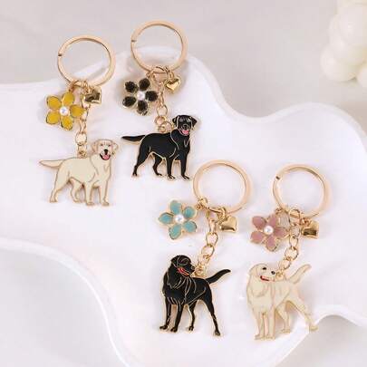 Chaveiro de Labrador Retriever Esmaltado com Pingente de Flor de Pérola - Chaveiro Fofo de Cachorro para Chaves, Bolsa, Mochila, Presente para Amantes de Animais de Estimação, Acessório Decorativo para Todas as Estações