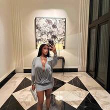 Women's New Sexy V-Neck Slim Bottom Stitching Long-Sleeved Dress - 灰色 - 查看 5
