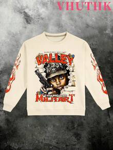 VHUTHK (250g Pure Polyester Round Neck Pullover Sweater) Valley 1981 Dreams: War Zone Peace Militart Double Sided Digital Printing, Filament Effect  Y2K Men's Round Neck Sweater In Autumn And Winter. - 杏色 - 查看 2