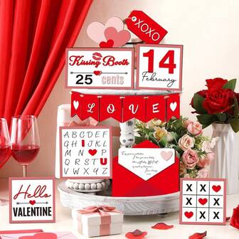14 piezas Decoración de bandeja escalonada de madera para el Día de San Valentín, recuerdo de amor y votos, pancarta romántica de AMOR, buzón de cartas de amor, regalo sorpresa del Día de San Valentín, decoración de mesa con tema del Día de San Valentín estilo granja, decoración para centros comerciales y tiendas