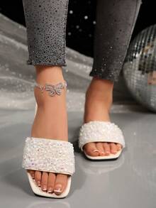 大码女士时尚套脚凉鞋，米色方头平底拖鞋，珍珠装饰，舒适休闲波西米亚风沙滩拖鞋，夏季必备 - 米色 - 查看 5