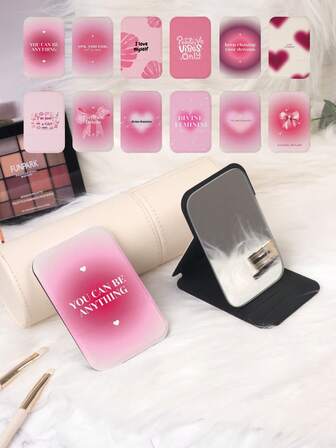 1pc Millennium Series Portable Vanity Mirror, Foldable Lightweight Ultra-Thin Convenient Hand Mirror, Durable PU Leather, Suitable For Multiple Scenarios, All People, Foldable Pocket Mirror With Unique Heart & Bow Design, 180° Flip Cover, Multi-Functional