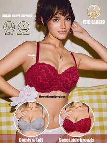 3件套女士性感内衣套装，舒适露背钢圈文胸，蕾丝运动背心式设计，提升丰满小胸，防下垂文胸 - 彩色 - 查看 2