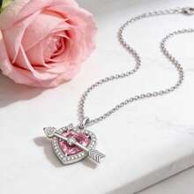 1pc Personalized Cupid's Arrow Pink Diamond Love Necklace, Customized Carved Name Heart Shaped Arrow Pendant, Luxurious Love Jewelry, Minimalist Retro Cute Style, Unique Personalized Gifts For Girlfriends, Moms, Daughters, And Family, Anniversary Birthday, Valentine's Day, Mother's Day Wedding Daily Wear - White Gold - View 5
