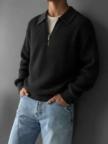 男士时尚七拉链领长袖毛衣，秋冬款 - 黑色 - 查看 3