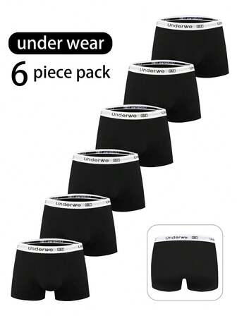 Underwe 男士黑色平角内裤 6 件装 - 弹性品牌腰带，日常休闲内裤