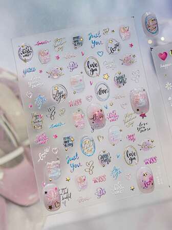 1sheet Holographic Letter Heart Nail Sticker Gold Star Graffiti Decals Valentine's Day Manicure Decoration