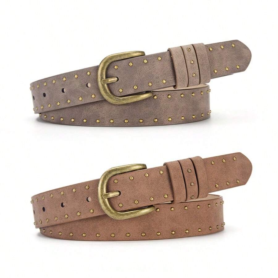 1条新款复古美式铆钉做旧朋克腰带，时尚百搭女士腰带 - 彩色 - 查看 1