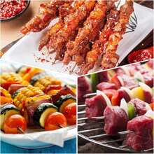HARFINGTON 16pcs Metal Kebob Skewers 1339" 43mmx12mm Stainless Steel Flat Sticks With Wood Grip Handle Reusable BBQ Barbecue Skewers For Meat Fruit Vegetables - ColorE - 查看 5